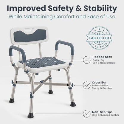 Shower Chair (450lb) with Padded Armrests and Back, Showers Chair for Elderly and Disabled, Adjustable Height Shower Seat, Heavy Duty Shower Chairs for Inside Shower, Handicap - Grey - color: Grey