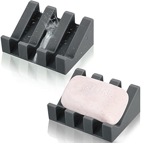 2 Pieces Silicone Soap Dish Self Draining Soap Dish Shower Waterfall Bar Soap Holder Tray with Drain Soap Saver for Kitchen Bathroom Accessories (Dark Grey) - color: Dark Grey