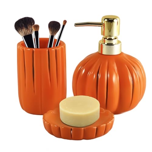 Halloween Pumpkin Bathroom Accessories Set, Orange Bathroom Fall Decor, 3PC Ceramic Bathroom Sets Complete, Toothbrush Holders, Soap Dispenser, Soap Dish, Bathroom Organizer for Countertop - size: Pumpkin-Orange