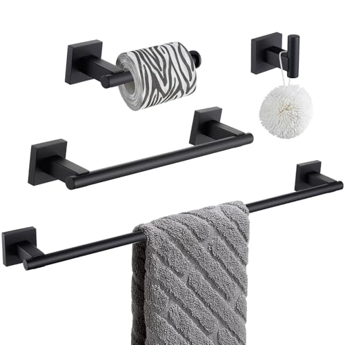 Suyar Bathroom Hardware Set Matte Black, Bathroom Accessories 4 Pieces | Include Robe Hook, Toilet Paper Holder, Hand Towel Holder, Towel Bar, SUS304 Stainless Steel, Wall Mounted - color: Matte Black