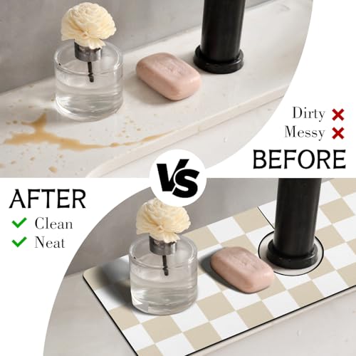 Light Brown White Checkered Kitchen Sink Splash Guard Faucet Mat,Faucet Non-Slip Absorbent Mat,Farmhouse Sink Splash Guard Behind Faucet for Kitchen Bathroom, 15"x5.5" - color: Drying Faucet Mat 1