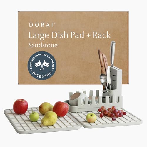 Dorai Home Collapsible Dish Drying Rack with Stone Dish Pad - Kitchen Counter Set with Diatomaceous Earth Stone Dish Mat for Quick Drying - Space-Saving Design - Large 24.6" x 16.5", Sandstone - color: Sandstone, size: Large + Rack