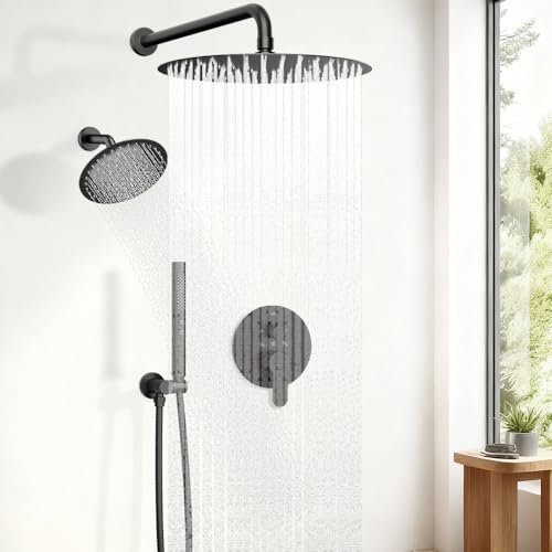 Shower Systems STARBATH 12+6" Round Dual Rainfall Shower Head with Handheld Spray for Two People, Wall Mounted 3 Way Rain Shower Faucet Sets Complete, Included Valve and Trim Kit, Matte Black - color: Matte Black, size: 6+12 inch-05