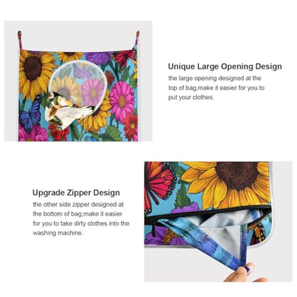 2PCS Hanging Laundry Hamper Bag Over the Door Laundry Hamper Wall Hamper Large Dirty Clothes Hamper with Stainless Steel Hooks 29.5x20Inch Blue Sunflowers and Butterflies - color: Blue Sunflowers and Butterflies, size: 2 PCS