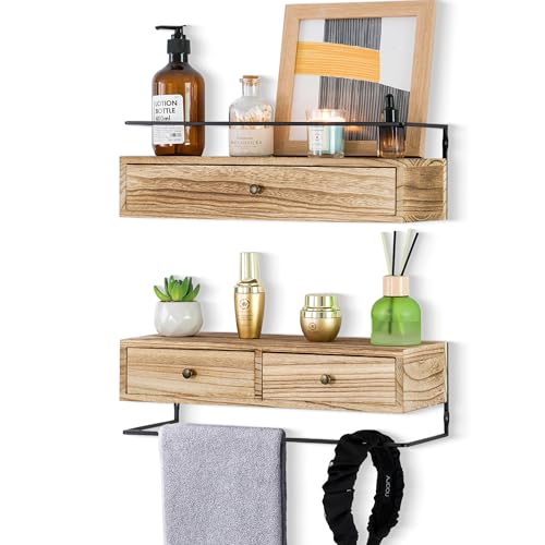 dreampossible 2-Pack Rustic Floating Shelves with Drawer, Wall Mounted Bathroom Shelf, 15.8 Inch Long, Brown Wood & Metal, 30 lbs Capacity - color: Brown, size: 15.8 Inch Long