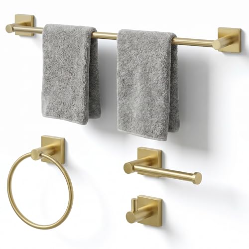 24-Inch Wall Mounted Towel Racks for Bathroom – Space Saver 4-Piece Durable Stainless Steel Bathroom Hardware Set with Towel Bar, Towel Ring, Toilet Paper Holder & Hook, Gold - color: Golden