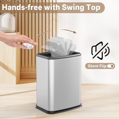 2.1 Gal Slim Bathroom Trash Can with Swing Lid, Rustproof Stainless Steel Small Garbage Can for Narrow Spaces & Toilet Side, Dog Proof Odor Control Waste Basket for Bedroom/Office, Silver - color: Silver
