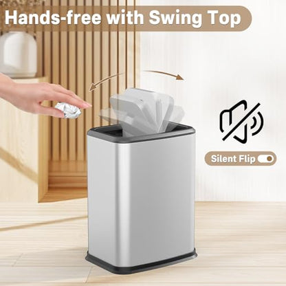 2.1 Gal Slim Bathroom Trash Can with Swing Lid, Rustproof Stainless Steel Small Garbage Can for Narrow Spaces & Toilet Side, Dog Proof Odor Control Waste Basket for Bedroom/Office, Silver - color: Silver