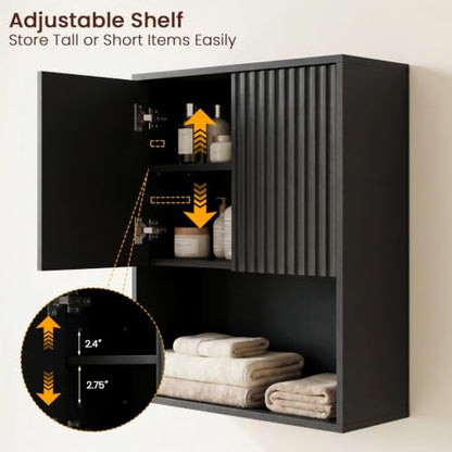 Fluted Bathroom Wall Cabinet Over the Toilet Storage,Wall Mounted Cabinet with Adjustable Shelf,Floating Cabinet Organizer Hanging Cabinet,Kitchen and Laundry Room Cabinets (Black, 1 PC) - color: Black