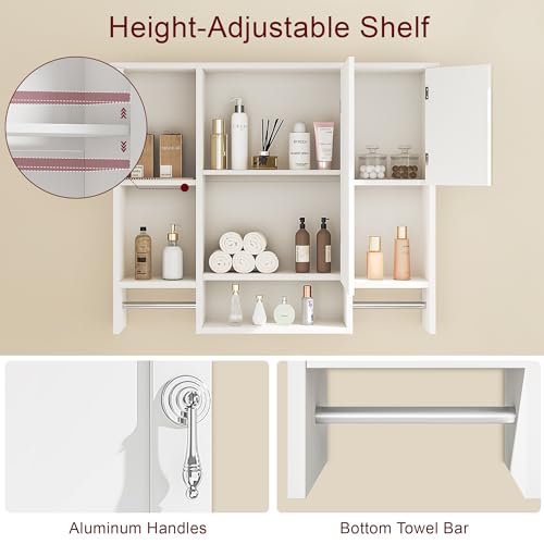VECELO Large Bathroom Wall Cabinet with Mirror, Wall Mounted Medicine Cabinet with Open Shelves, 2 Towel Bars for Bathroom Laundry Room Kitchen, 35.04" L x 7.09" W x 28.94" H
