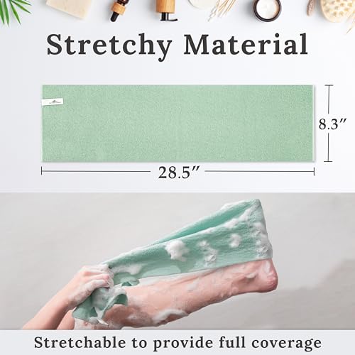 myHomeBody Exfoliating Washcloths for Showering, Light Green, Set of 2 | Stretches for Hard-to-Reach Areas, Loofah Body Scrubber Exfoliator, Back Shower Towel, Bath Washer for Exfoliation