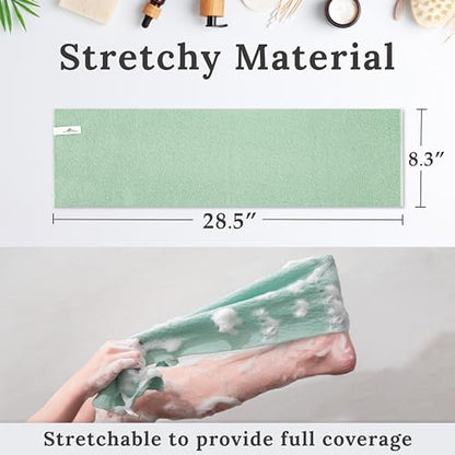 myHomeBody Exfoliating Washcloths for Showering, Light Green, Set of 2 | Stretches for Hard-to-Reach Areas, Loofah Body Scrubber Exfoliator, Back Shower Towel, Bath Washer for Exfoliation