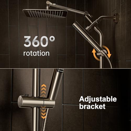 Veken All Metal 10" Luxurious Brushed Nickel Rain Shower Head with Handheld | Dual High Pressure Shower Heads, Power-wash Hand Held with Hose,Double Detachable Showerhead,Square Rainfall,Bathroom Upgrade - color: Brushed Nickel, size: 10 Inch