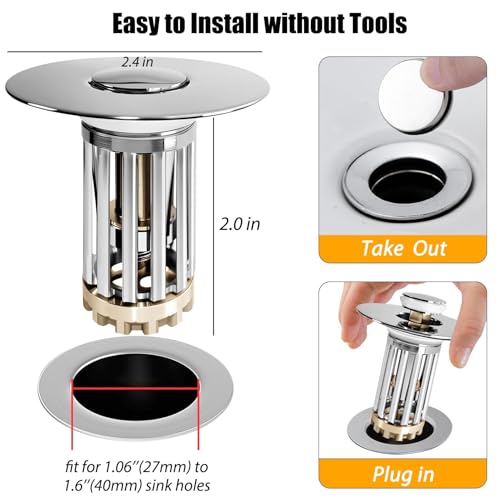 Anlige Bathroom Sink Drain Strainer, 3 in 1 Pop Up Bathroom Sink Stopper with Removable Brass Basket Hair Catcher, Universal Sink Plug for 1.06 to 1.6in Drain Hole, Chrome Silver - color: Chrome Silver