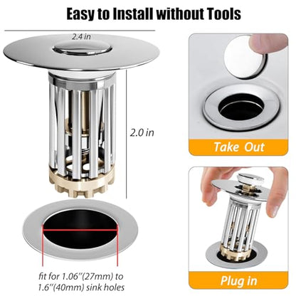 Anlige Bathroom Sink Drain Strainer, 2PCS 3 in 1 Pop Up Bathroom Sink Stopper with Removable Brass Basket Hair Catcher, Universal Sink Plug for 1.06 to 1.6in Drain Hole, Chrome Silver - style: Bathroom Sink Stopper Hair Catcher