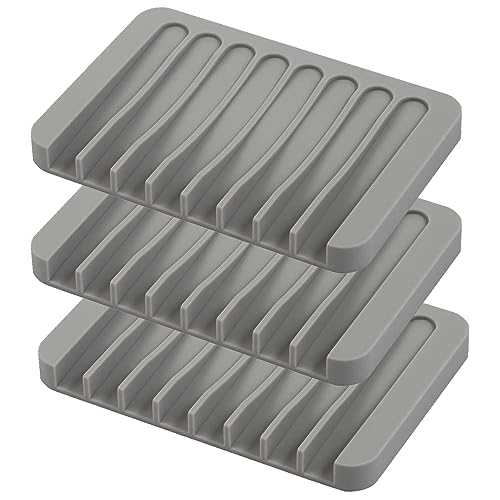 Self Draining Soap Dishes, 3 Pcs Silicone Soap Saver, Waterfall Drainer Soap Holder for Bathroom, Extend Soap Life, Keep Soap Bars Dry Clean & Easy Cleaning (Gray) - color: Grey