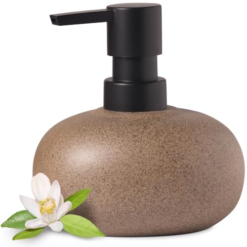 EMPO Ceramic Hand Soap Dispenser with Matte Black Pump, Stone-Textured Wabi-Sabi Liquid Dispenser for Bathroom Vanity and Kitchen Sink (300ml/10.14oz) - size: 300 ml
