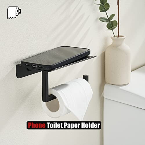 JQK Toilet Paper Holder Shelf, Bathroom Tissue Roll Holder with Phone Shelf, 5 Inch 304 Stainless Steel Tissue Paper Dispenser, Matte Black Wall Mount, TPH202-PB - color: Black