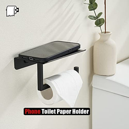 JQK Toilet Paper Holder Shelf, Bathroom Tissue Roll Holder with Phone Shelf, 5 Inch 304 Stainless Steel Tissue Paper Dispenser, Matte Black Wall Mount, TPH202-PB - color: Black
