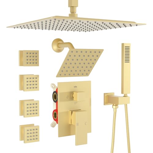 Enga Dual Shower Head Shower System with Body Jets, 12" Ceiling Mounted Rain Shower Head & 6" Wall Mounted Head Full Body Rainfall Shower Faucet with Valve Kit, Brushed Gold - color: Brushed Gold, style: Ceiling-12"+6"+Jets