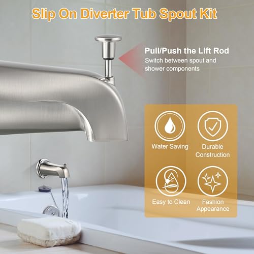 Diverter Tub Spout Compatible with Kohler GP85556-CP (Brushed Nickel) | Slip On Bathroom Bathtub Faucet Replacement for 1/2"Copper Water Tube, Metal Cover Ring and Foam Gasket Included - color: Brushed Nickel