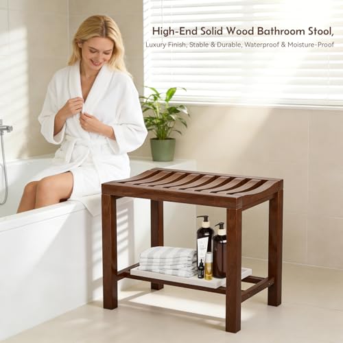Rubber Wood Shower Bench, Non-Slip Waterproof Wooden Shower Stool for Adults & Elderly, Sturdy Bath Seat for Inside Shower or Tub – 20.08" D x 14.96" H x 6.3" W - size: 20.08"