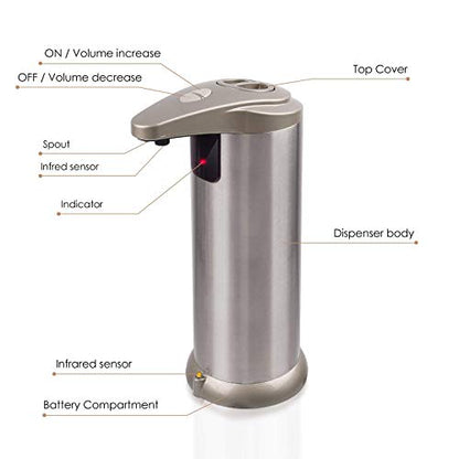Automatic Soap Dispenser with Infrared Motion Sensor, Touchless Stainless Steel Liquid Soap Dispenser for Kitchen & Bathroom, Waterproof Base, Refillable, Hands-Free Operation