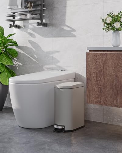 Garvee 2.6 gal / 10 L Metal Bathroom Trash Can with Lid, Slim Waterproof Garbage Can for Bedroom, Small Step-on Trash Bin with Inner Bucket, Rear Handle, Soft Close Lid, Grey - color: Grey, size: 2.6 Gallons