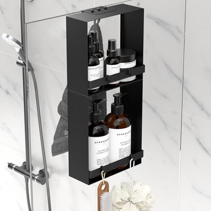 Over the Glass Shower Caddy Hanging, 2 Tier Stainless Steel Rustproof Shower Organizer Over Door with Removeable 4 Hooks & 2 Suction Cup, Bathroom Organizers and Storage Rack, Bathroom Decor - Black