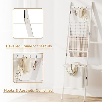 BAMBANG Bamboo Blanket Ladder with Basket, 5-Tier Quilt Rack Stand with 4 Hooks & Storage Hamper for Living Room Bathroom, Wall Leaning Decorative Ladder Shelf for Blankets Display (White)