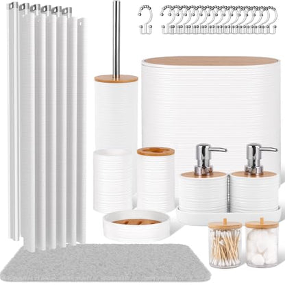 25 PCS White Bathroom Accessories Set丨Shower Curtain Bathroom Accessory | All-in-One Kit with Shower Curtain,rug,Trash Can,Toothbrush Holder,Toilet BrushSoap Dispenser,Toothbrush Cup,etc for Home - color: White