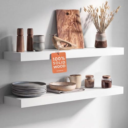 White Floating Shelves 30 inch, High End Solid Real Wood 30inch Floating Shelf for Wall Mounted, White Wooden 30in Long Floating Shelves, Heavy Duty Bracket, 30 X 6.5 X 1.75 inches, Set of 2 - color: Classic White - Soft Neutral Satin, size: 30 inch