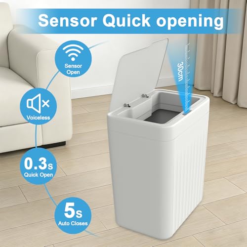 Naisu 4 Gal Bathroom Trash Can with Lid,Automatic Garbage Can with Touchless and Sealed Design,Slim Motion Sensor Waterproof Plastic Trash Bin Suitable for Bedrooms,Bathrooms,Kitchens（2 Pack, White）