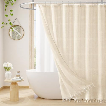 Extra Long Linen Farmhouse Shower Curtain with Tassel, Modern Boho French Country Chic Bathroom Shower Curtain Set with PEVA Liner, Cotton Hollow Fabric Shower Curtain 72x84 - Beige/Cream - color: Beige, size: 72"W x 84"L (Pack of 1)