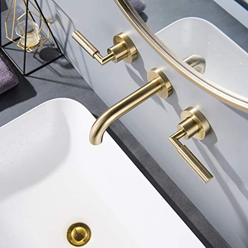 RBROHANT Brushed Gold Wall Mount Bathroom Faucet, Wall Mounted Sink Faucet, Dual Handle, Solid Brass, Rough-in Valve Included - color: Brushed Gold, style: Lever Handle