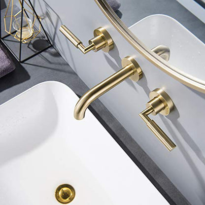 RBROHANT Brushed Gold Wall Mount Bathroom Faucet, Wall Mounted Sink Faucet, Dual Handle, Solid Brass, Rough-in Valve Included - color: Brushed Gold, style: Lever Handle