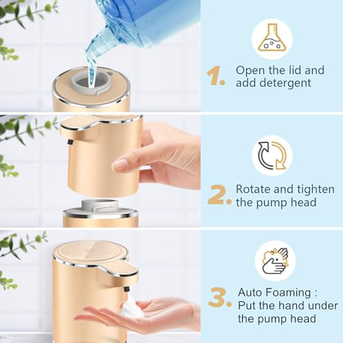 Automatic Foaming Soap Dispenser - Hand Free Pump Touchless Soap Dispenser USB Rechargeable Dispenser with 380ml, 4levels Adjustable Dispenser for Bathroom Kitchen - color: Golden-foaming