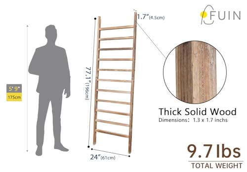 Blanket Ladder, 24 in Wide 11-Rung Wood Rustic Decor Rack | 11 rungs and 24in wide, Solid wood visible grain, Angled lean-to design, Anti-slip support, Living room and bathroom use