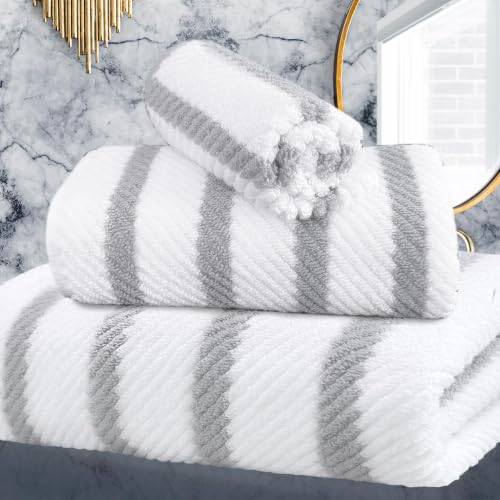 VOOVA & MOVAS 3PC Towel Set, 100% Cotton, Gray White Dark Tan | 1 Large Bath 30x56 In,1 Hand 18x28 In,1 Wash Cloth 13x13 In, Quick Dry, Soft, Thick, Dorm Room Essentials - color: Gray + White, size: 3 PC Bathroom Towel Set