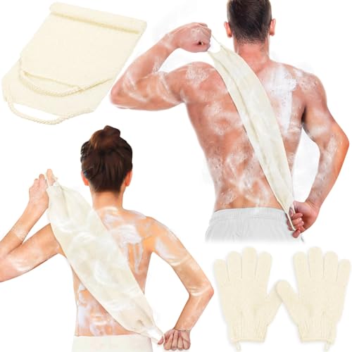 Anezus Exfoliating Back Scrubber Bath Gloves Set, Exfoliating Shower Towel with Shower Gloves for Body Scrub, Back Cleaner Wash Gloves to Remove Dead Skin (Beige) - color: Beige
