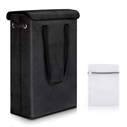 Slim Laundry Basket with Lid, Tall Thin Laundry Hamper with Handles, Waterproof Lining Narrow Dirty Clothes Hamper for Bathroom Bedroom Dorm Nursery Organization Storage (45L, Black)