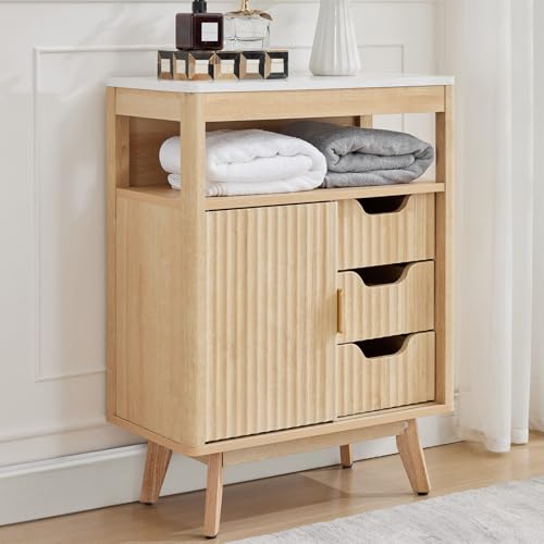 Grepatio Bathroom Storage Cabinet with Fluted Sliding Door, 3 Drawers Bathroom Floor Cabinet, Freestanding Storage Organizer w/Adjustable Shelf, Faux Marble Top for Living Room (Natural) - color: Natural