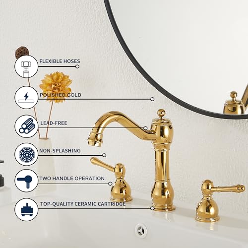 2 Handles 3 Holes Faucet Widespread Bathroom Sink Faucet Basin Tap Mixer Supply Hose Included Matching Pop Up Drain Polished Gold - color: Polished Gold, size: Widespread