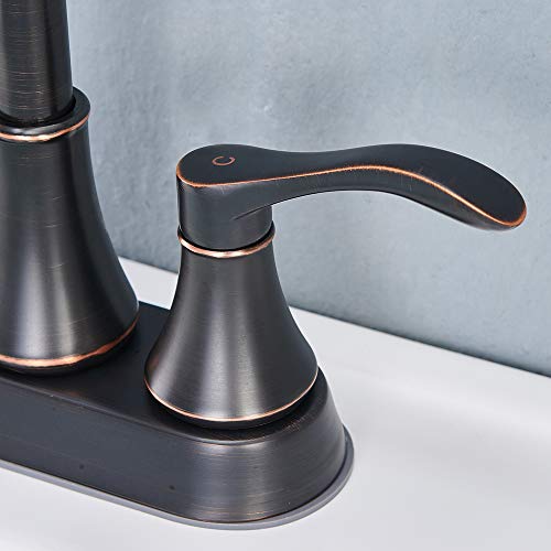 Lead-Free Antique 2 Handle Bathroom Sink Faucet, 360° Swivel High-Arc Spout 4-Inch Centerset Lavatory Vanity Faucets Set with Drain & Water Hoses, Oil Rubbed Bronze