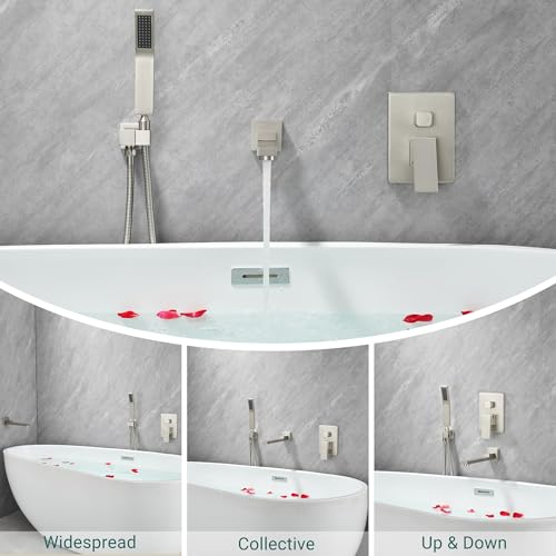DASAN Swiveling Wall Mount Tub Filler Faucet Set with Hand Held Shower, Brushed Nickel Modern Creative Bathtub Faucet Wall Mounted Bath Tub Faucet with High Flow Rough in Valve, SA-TF05WH-BN - color: Brushed Nickel