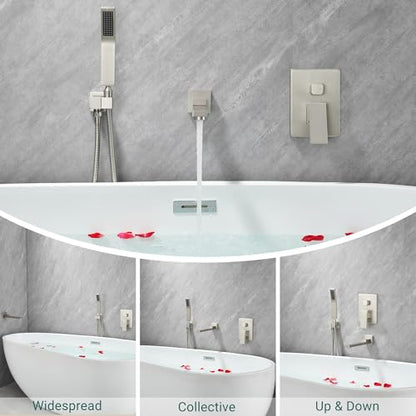 DASAN Swiveling Wall Mount Tub Filler Faucet Set with Hand Held Shower, Brushed Nickel Modern Creative Bathtub Faucet Wall Mounted Bath Tub Faucet with High Flow Rough in Valve, SA-TF05WH-BN - color: Brushed Nickel