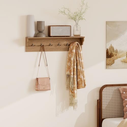 GIANTEX Coat Rack Wall Mount, 31.5" Wooden Coat Hooks with Shelf, Natural | Wall Clothes Rack w/ 6 Dual Hooks for Hats Towels Purses Robes, Floating Display Shelf for Living Room Bedroom Entryway - color: Natural