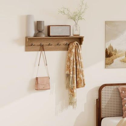 GIANTEX Coat Rack Wall Mount, 31.5" Wooden Coat Hooks with Shelf, Natural | Wall Clothes Rack w/ 6 Dual Hooks for Hats Towels Purses Robes, Floating Display Shelf for Living Room Bedroom Entryway - color: Natural