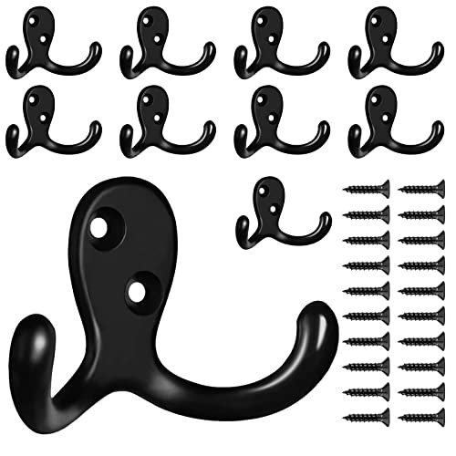CBWLWJ 10 Pack Coat Hooks Wall Hooks for Hanging, Heavy Duty Double Prong Metal Hook Wall Mounted for Living Room, Bathroom, Kitchen, Bedroom for Coat, Bag, Scarf, Towel, Hat, Key, Cup (Black) - color: Black-10pack