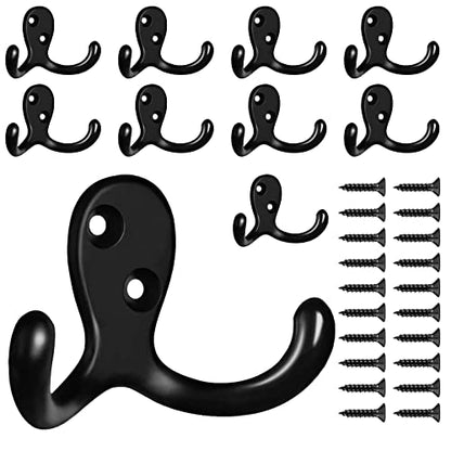 CBWLWJ 10 Pack Coat Hooks Wall Hooks for Hanging, Heavy Duty Double Prong Metal Hook Wall Mounted for Living Room, Bathroom, Kitchen, Bedroom for Coat, Bag, Scarf, Towel, Hat, Key, Cup (Black) - color: Black-10pack